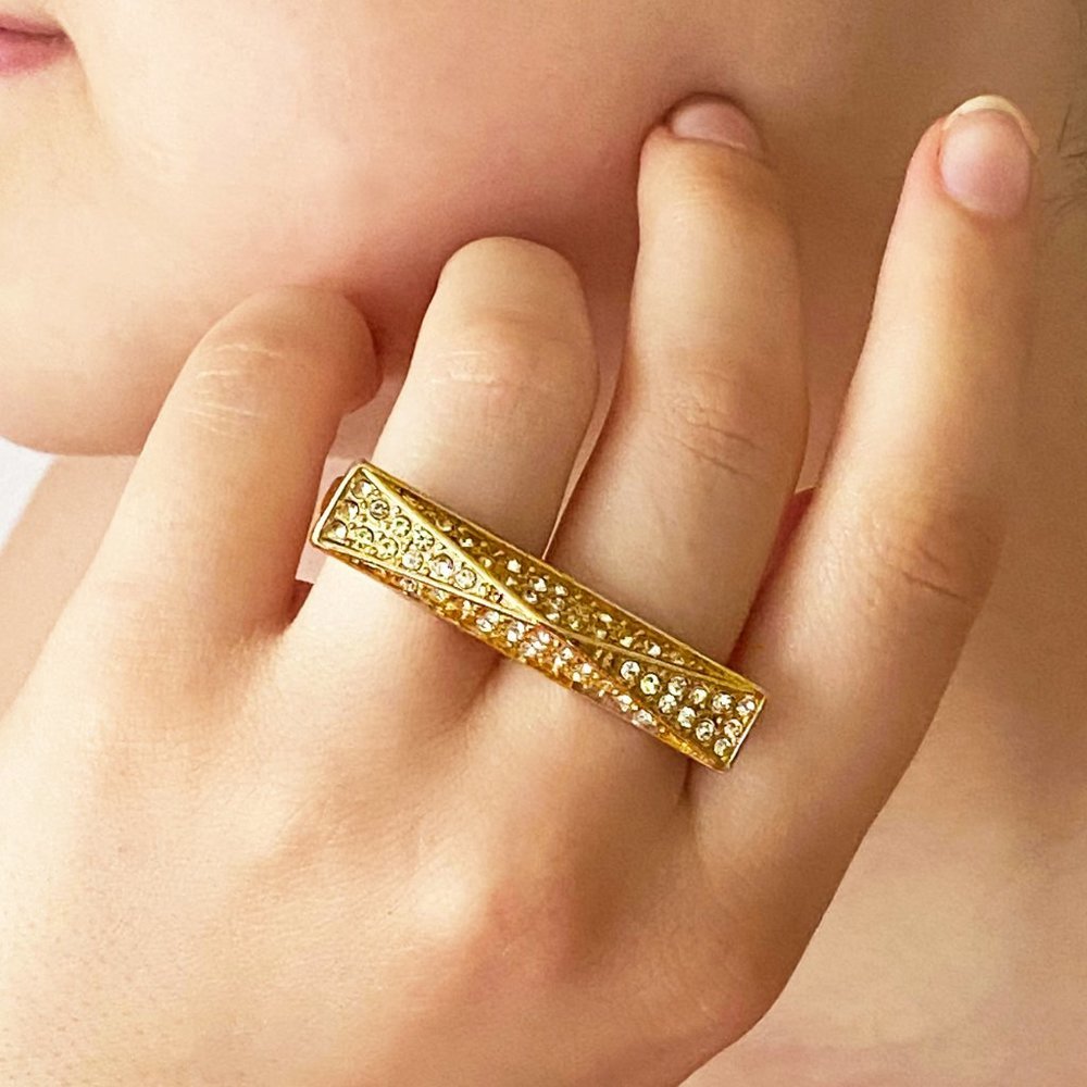 Two Fingers Gold Color Ring with clear stones